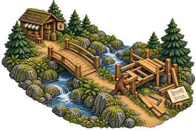 An open woodland bridge beside a second bridge that a beaver is building across the stream.