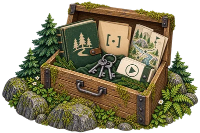Open woodland handover case with project files, a guidebook, keys and walkthrough cards.
