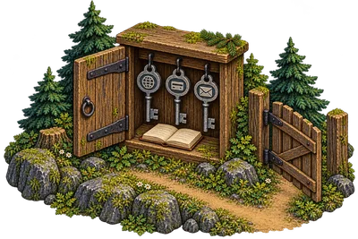 Open wooden cabinet holding account keys marked with domain, payment and email symbols.