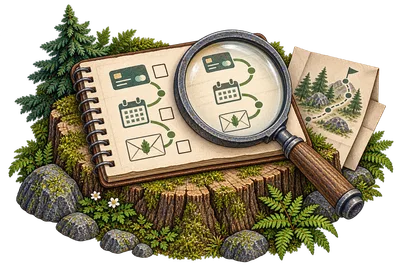 A magnifying glass over a woodland notebook showing payment, booking and email checks.