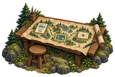 Woodland drafting table with a project map connecting a sales page, payment and welcome email.